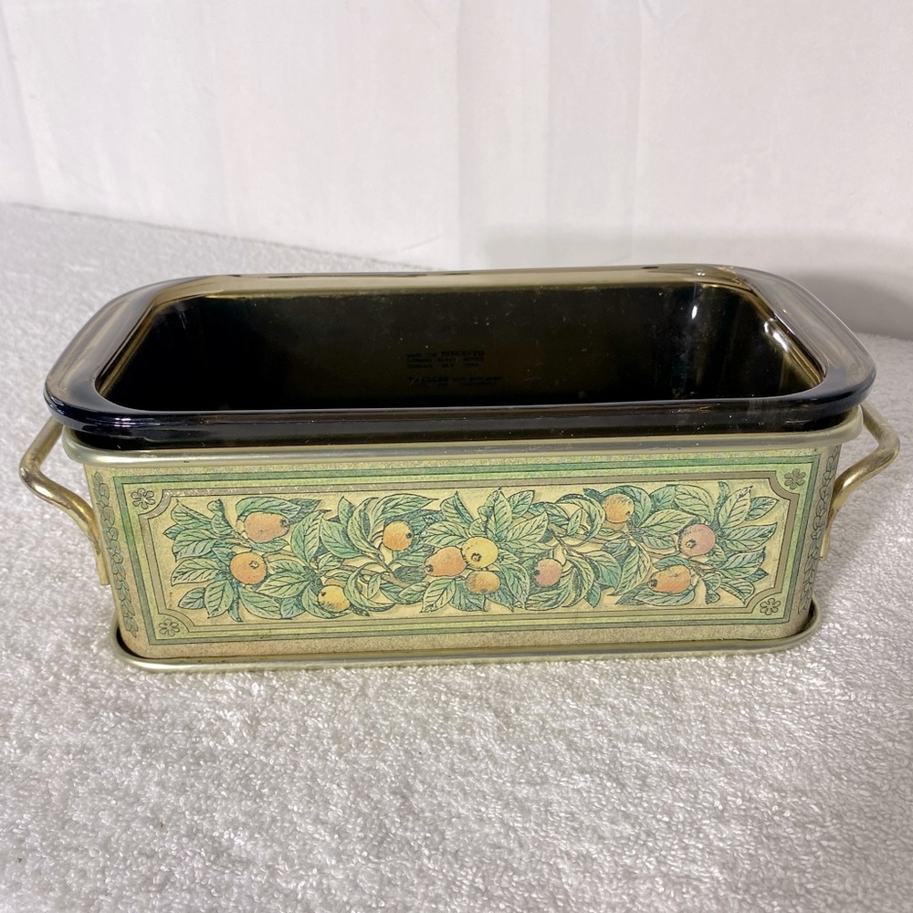 Vintage Pyrex Loaf Pan With Decorative Metal Carrier